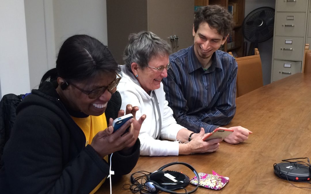 This is a picture of VLANJ students Misty and Ursula learning iPhone skills in our Tuesday technology program.