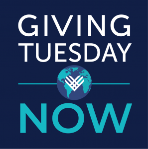 graphic image with white text "giving Tuesday" and blue text "NOW" on a dark blue background